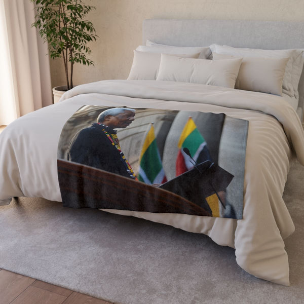 Nelson Mandela Speaking from a Balcony — Plush Fleece Throw Blanket — Drape over Sofa & Bed Lifestyle View