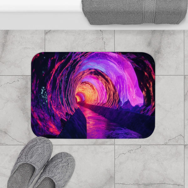 Neon Cave Opening Into Timeless Void — Memory Foam Bath Mat — Modern Bathroom Floor Lifestyle View