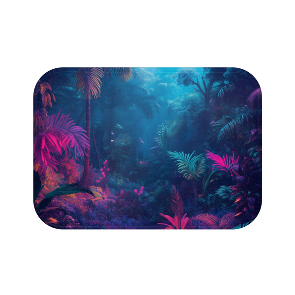 Neon Lit Jungle with Glowing Fauna (Edition IV) — Memory Foam Bath Mat — Top-Down Memory Foam Bath Mat View
