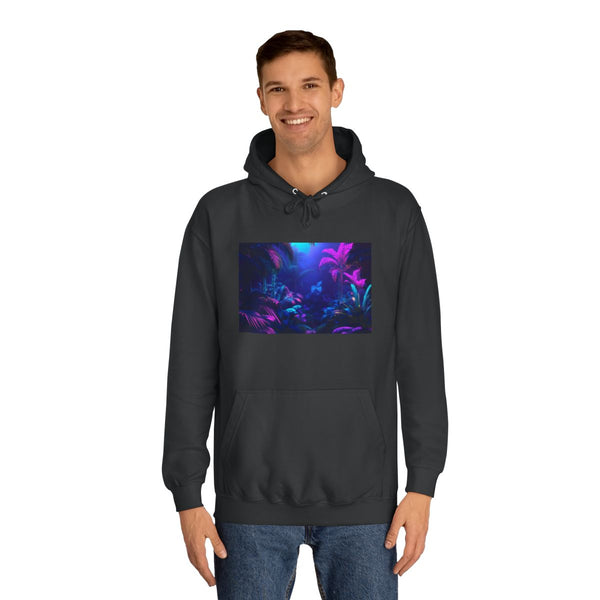 Neon Lit Jungle with Glowing Fauna — Heavyweight Graphic Hoodie — Model Streetwear Fit View