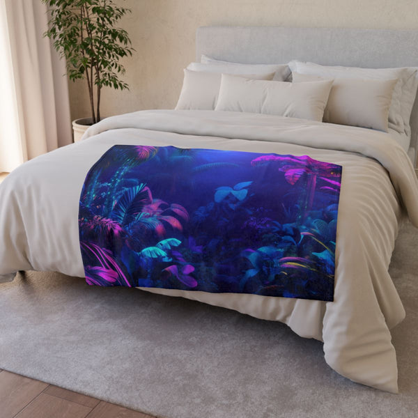 Neon Lit Jungle with Glowing Fauna — 50×60 Plush Throw Blanket — Draped Over Sofa & Bed Lifestyle View