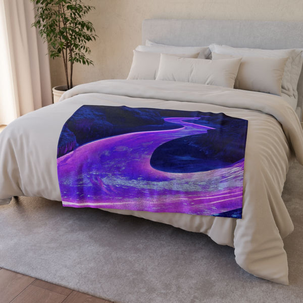 Neon River Flowing Through Chrome Valley (Edition II) — Plush Fleece Throw Blanket — Drape over Sofa & Bed Lifestyle View