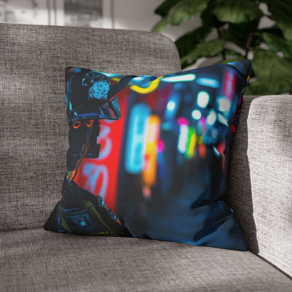 Neon Samurai in a Cyberpunk Alley (Edition II) — Double-Sided Cushion Cover — Sofa & Armchair Living Room Lifestyle View