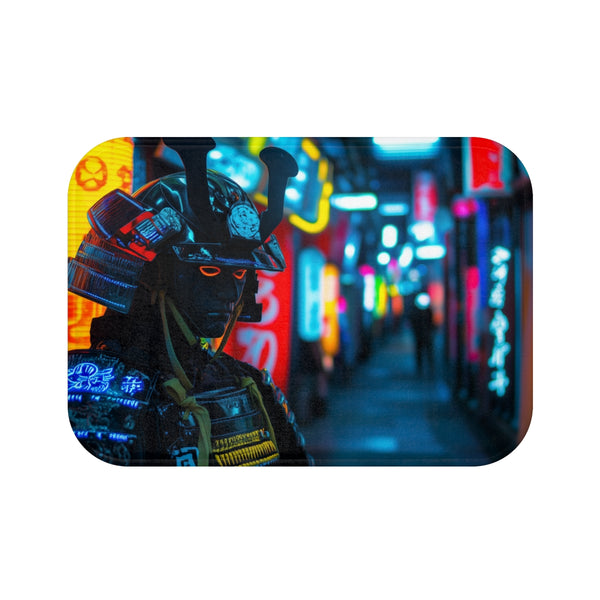 Neon Samurai in a Cyberpunk Alley (Edition II) — 61×43 Memory Foam Bath Mat — Top-Down Velvet Microfibre Artwork View