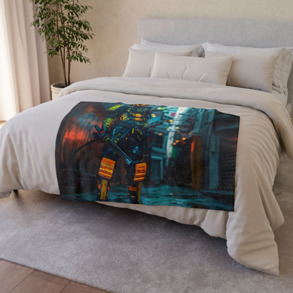 Neon Samurai in a Cyberpunk Alley (Edition II) — Plush Fleece Throw Blanket — Drape over Sofa & Bed Lifestyle View