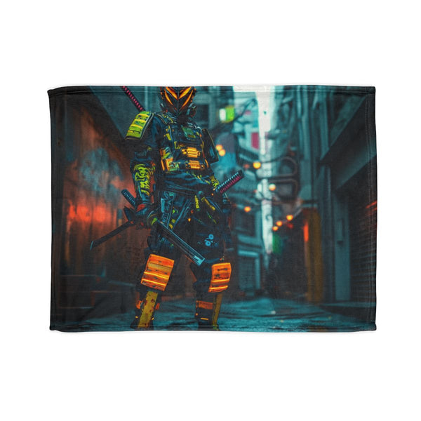 Neon Samurai in a Cyberpunk Alley (Edition II) — Plush Fleece Throw Blanket — Full Spread Plush Fleece Artwork View