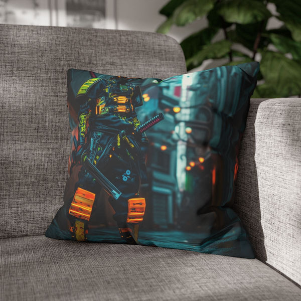 Neon Samurai in a Cyberpunk Alley (Edition III) — Double-Sided Cushion Cover — Sofa & Armchair Living Room Lifestyle View