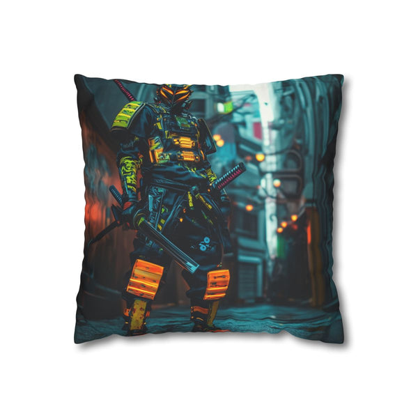 Neon Samurai in a Cyberpunk Alley (Edition III) — Double-Sided Cushion Cover — Front Double-Sided Cushion View