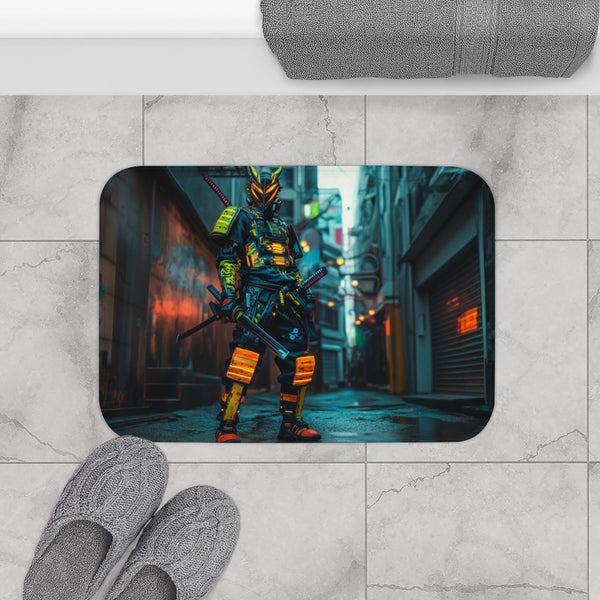 Neon Samurai in a Cyberpunk Alley (Edition III) — 61×43 Memory Foam Bath Mat — Modern Bathroom Floor Lifestyle View
