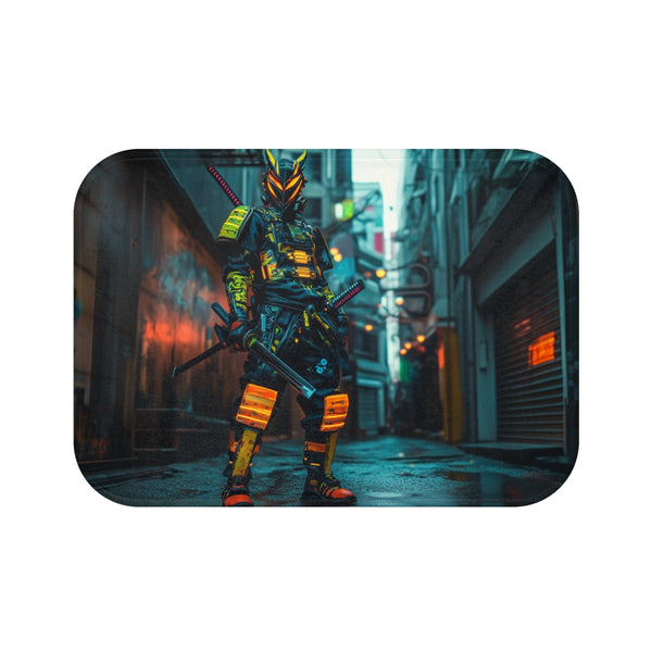 Neon Samurai in a Cyberpunk Alley (Edition III) — 61×43 Memory Foam Bath Mat — Top-Down Velvet Microfibre Artwork View