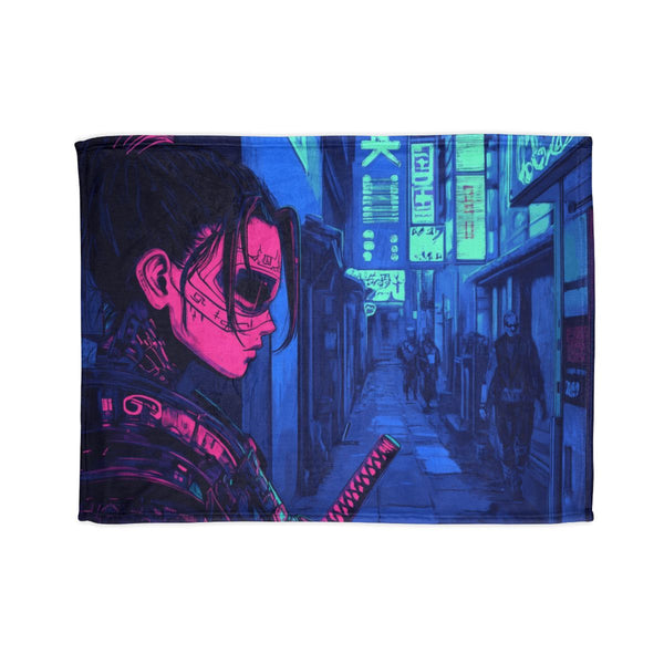 Neon Samurai in a Cyberpunk Alley (Edition III) — Plush Fleece Throw Blanket — Full Spread Plush Fleece Artwork View