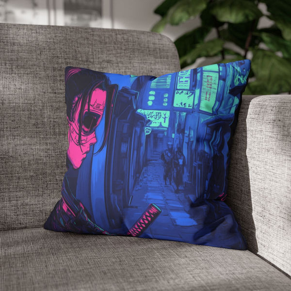 Neon Samurai in a Cyberpunk Alley (Edition IV) — Double-Sided Cushion Cover — Sofa & Armchair Living Room Lifestyle View