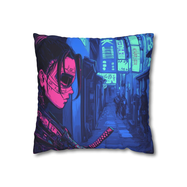Neon Samurai in a Cyberpunk Alley (Edition IV) — Double-Sided Cushion Cover — Front Double-Sided Cushion View
