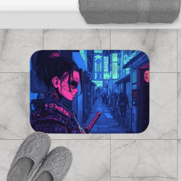 Neon Samurai in a Cyberpunk Alley (Edition IV) — 61×43 Memory Foam Bath Mat — Modern Bathroom Floor Lifestyle View