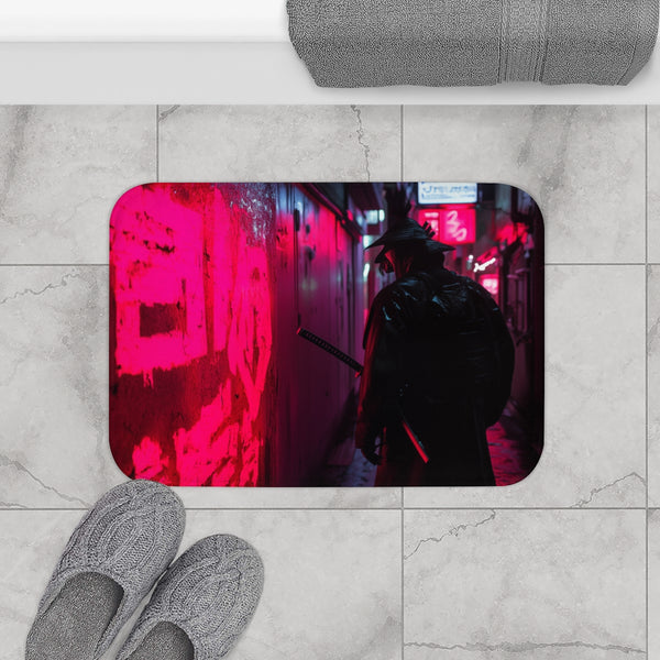 Neon Samurai in a Cyberpunk Alley — 61×43 Memory Foam Bath Mat — Modern Bathroom Floor Lifestyle View