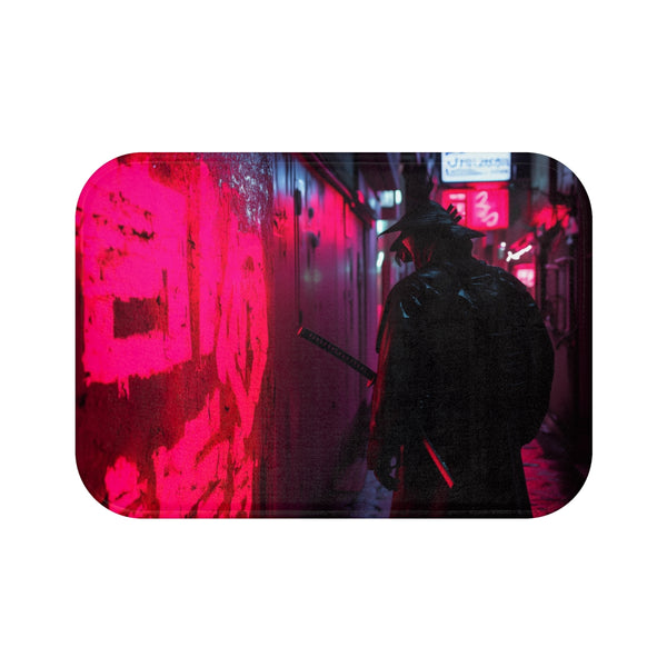 Neon Samurai in a Cyberpunk Alley — 61×43 Memory Foam Bath Mat — Top-Down Velvet Microfibre Artwork View