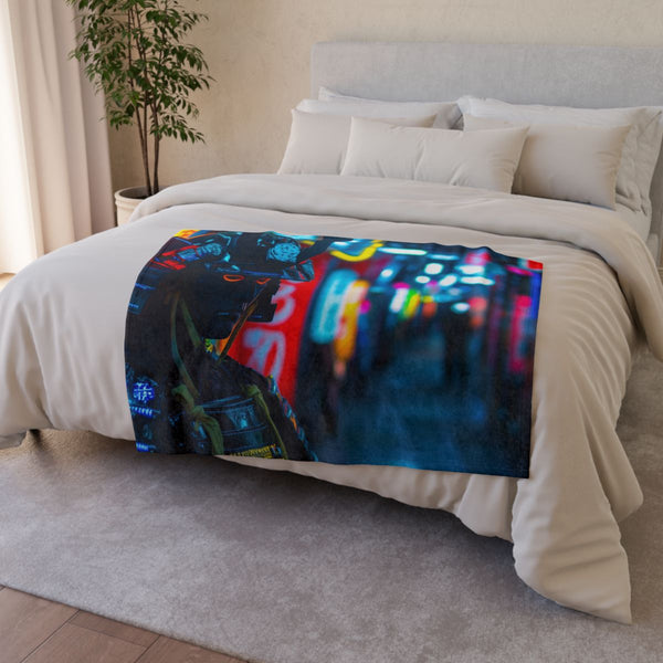 Neon Samurai in a Cyberpunk Alley — Plush Fleece Throw Blanket — Drape over Sofa & Bed Lifestyle View