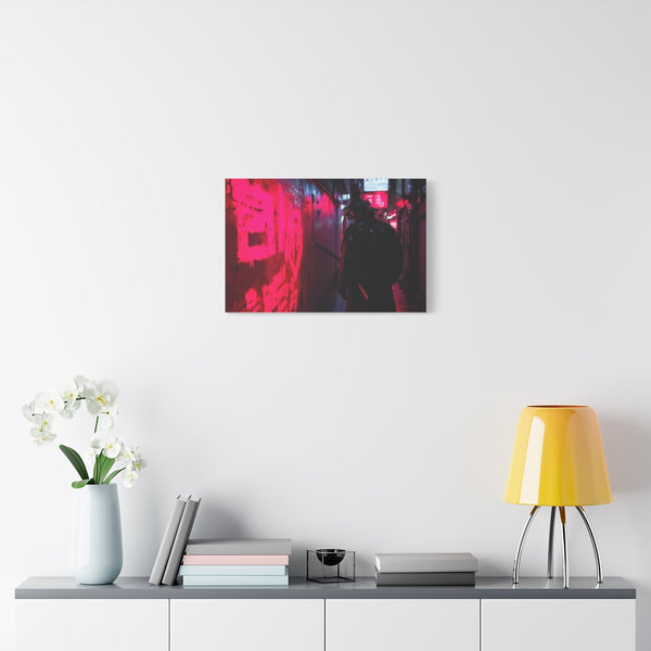 Neon Samurai in Cyberpunk Alley — Stretched Canvas Wall Art — Living Room Wall Lifestyle View
