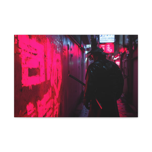 Neon Samurai in Cyberpunk Alley — 24×16 Canvas Wall Art — Front Gallery-Wrapped Canvas View