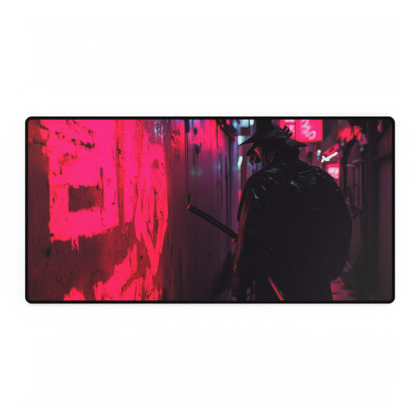 Neon Samurai in Cyberpunk Alley — XXL Gaming Desk Mat — Full Top-Down Artwork View
