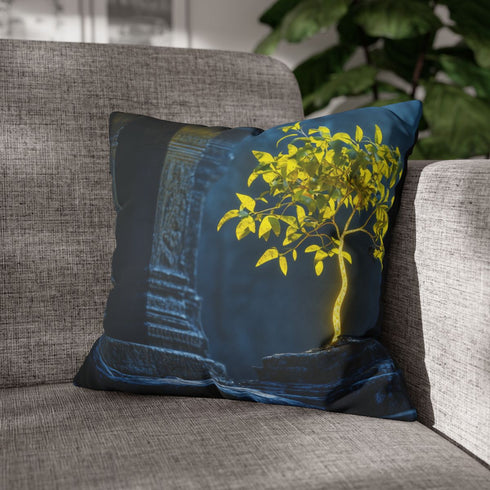 Neon Tree Sprouting from Stone Temple — 40×40 Cushion Cover — Double-Sided Back & Concealed Zip Detail