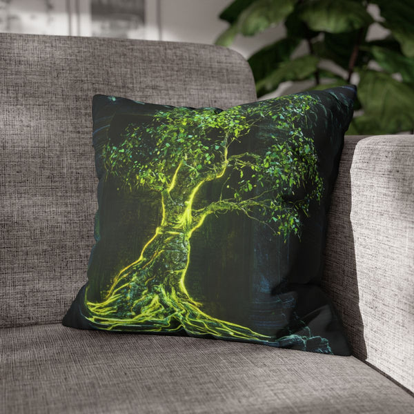 Neon Tree Sprouting from Stone Temple (Edition IV) — Double-Sided Cushion Cover — Sofa & Armchair Living Room Lifestyle View