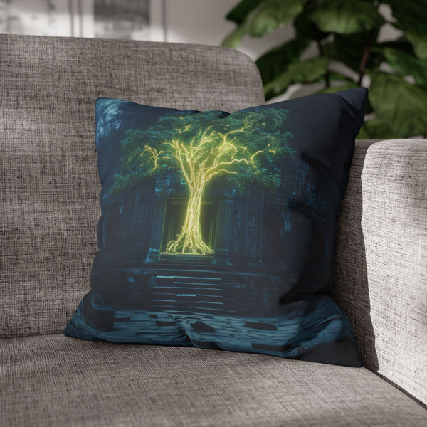 Neon Tree Sprouting from Stone Temple (Edition VI) — Double-Sided Cushion Cover — Sofa & Armchair Living Room Lifestyle View