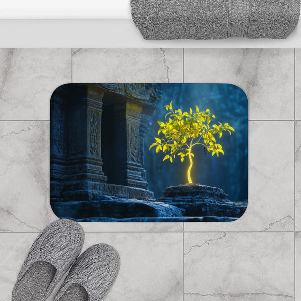 Neon Tree Sprouting from Stone Temple — Memory Foam Bath Mat — Modern Bathroom Floor Lifestyle View