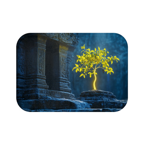Neon Tree Sprouting from Stone Temple — Memory Foam Bath Mat — Top-Down Memory Foam Bath Mat View