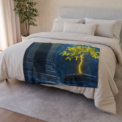 Neon Tree Sprouting from Stone Temple Plush Fleece Throw Blanket