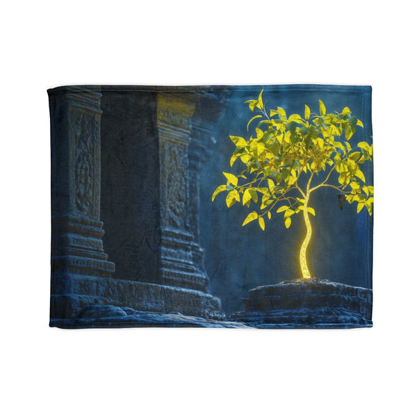 Neon Tree Sprouting from Stone Temple Plush Fleece Throw Blanket