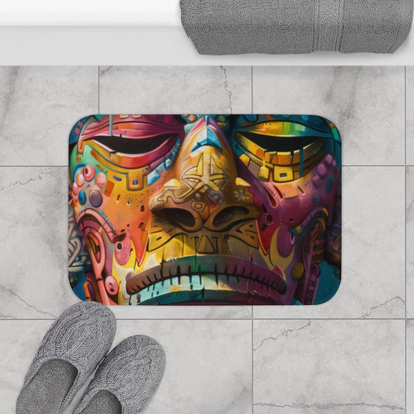 Neon Tribe Mask Painting — 61×43 Memory Foam Bath Mat — Modern Bathroom Floor Lifestyle View
