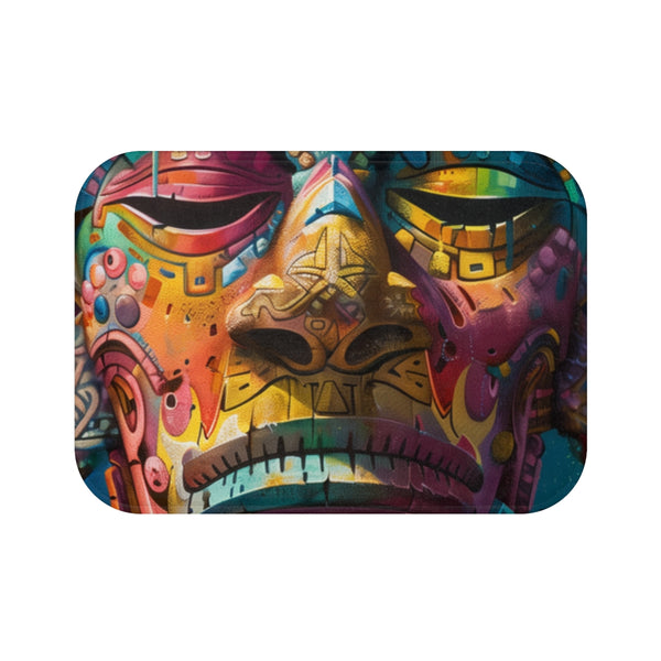 Neon Tribe Mask Painting — 61×43 Memory Foam Bath Mat — Top-Down Velvet Microfibre Artwork View