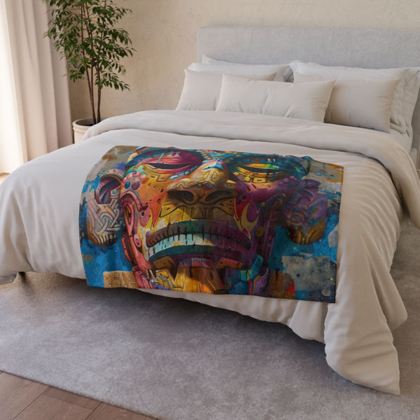 Neon Tribe Mask Painting — Plush Fleece Throw Blanket — Drape over Sofa & Bed Lifestyle View