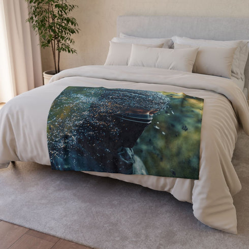 Ninja Disappearing Into Glitch Pixels — Plush Fleece Throw Blanket — Drape over Sofa & Bed Lifestyle View