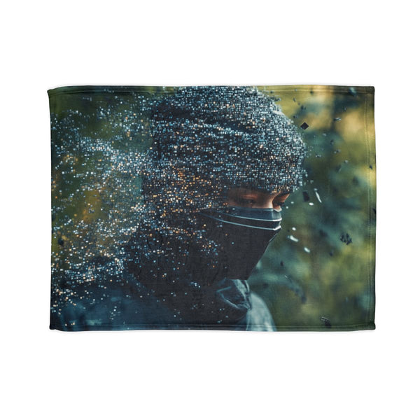 Ninja Disappearing Into Glitch Pixels — Plush Fleece Throw Blanket — Full Spread Plush Fleece Artwork View