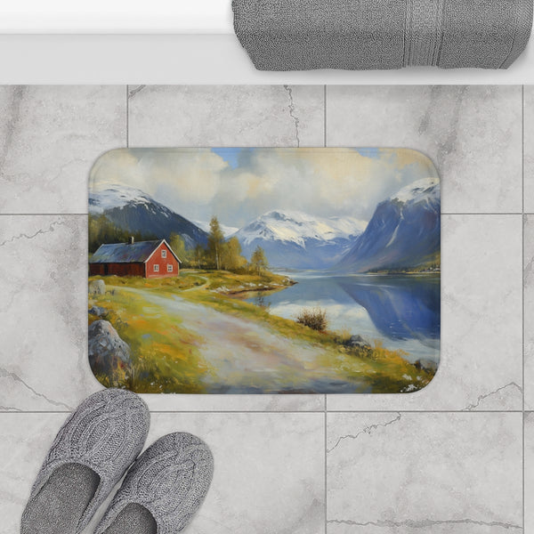 Norway Countryside Norway Painting (Edition VIII) — Memory Foam Bath Mat — Modern Bathroom Floor Lifestyle View