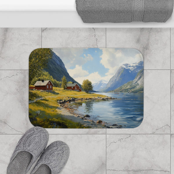 Norway Countryside Norway Painting (Edition XII) — Memory Foam Bath Mat — Modern Bathroom Floor Lifestyle View