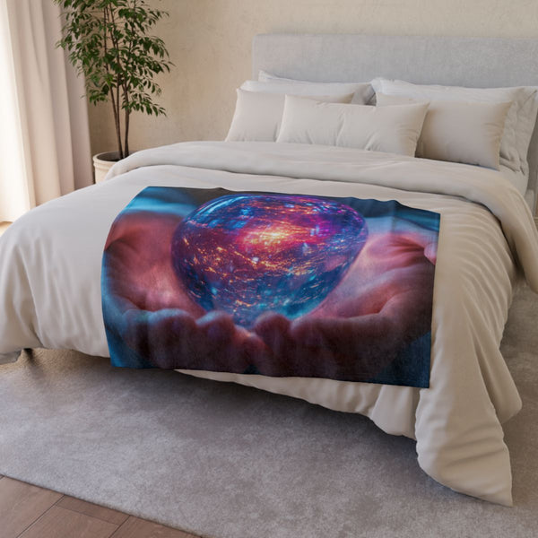 Orb of Memories Glowing in Hands (Edition II) — Plush Fleece Throw Blanket — Drape over Sofa & Bed Lifestyle View
