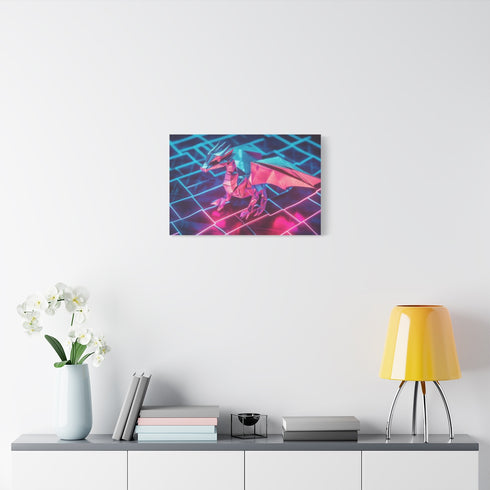 Origami Dragon over Neon Grid — Stretched Canvas Wall Art — Living Room Wall Lifestyle View