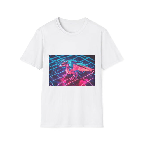 Origami Dragon over Neon Grid — Graphic Cotton T-Shirt — Front Graphic Print View