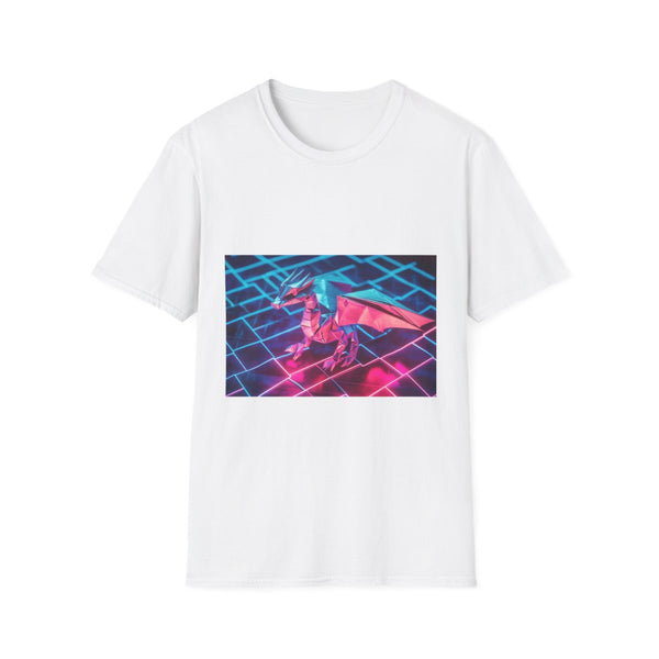 Origami Dragon over Neon Grid — Graphic Cotton T-Shirt — Front Graphic Print View