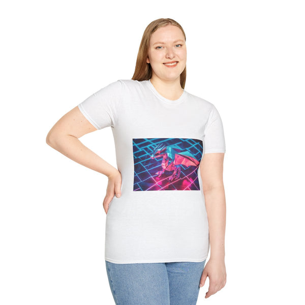 Origami Dragon over Neon Grid — Graphic Cotton T-Shirt — Model Streetwear Fit View