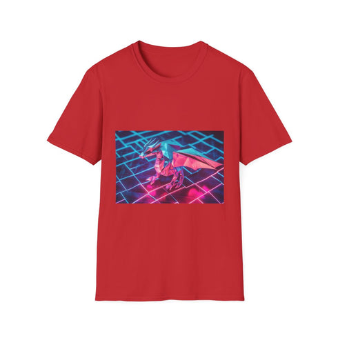 Origami Dragon over Neon Grid — Graphic Cotton T-Shirt — 100% Ring-Spun Cotton Fabric & Print Detail