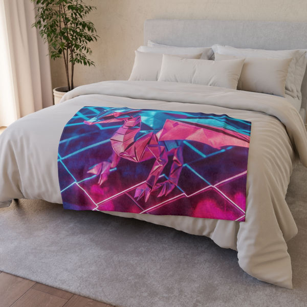 Origami Dragon Over Neon Grid — Plush Fleece Throw Blanket — Drape over Sofa & Bed Lifestyle View