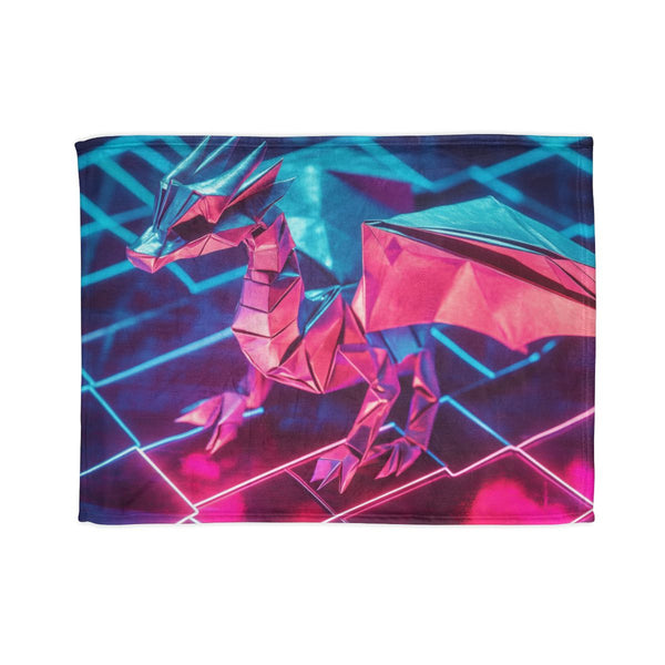 Origami Dragon Over Neon Grid — Plush Fleece Throw Blanket — Full Spread Plush Fleece Artwork View