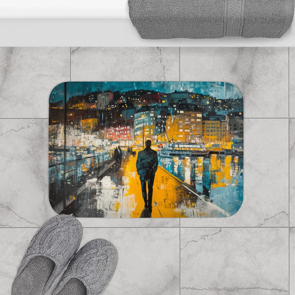 Oslo Norway Painting (Edition II) — Memory Foam Bath Mat — Modern Bathroom Floor Lifestyle View