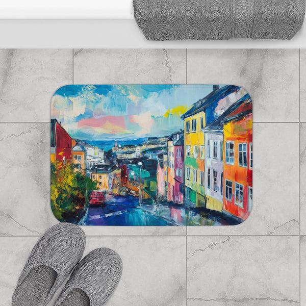 Oslo Norway Painting (Edition IX) — 61×43 Memory Foam Bath Mat — Modern Bathroom Floor Lifestyle View
