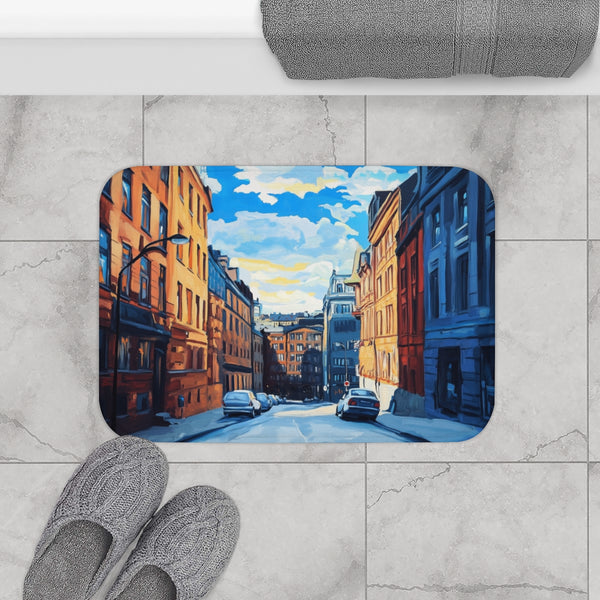Oslo Norway Painting (Edition VI) — 61×43 Memory Foam Bath Mat — Modern Bathroom Floor Lifestyle View