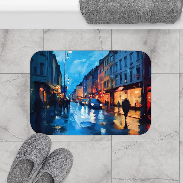 Oslo Norway Painting (Edition XIII) — 61×43 Memory Foam Bath Mat — Modern Bathroom Floor Lifestyle View